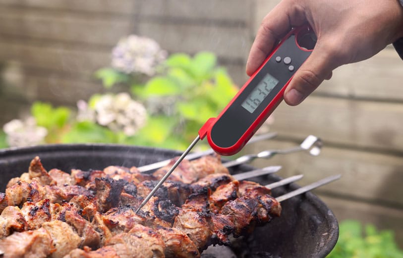 Checking internal temperature of meat on a grill with meat thermometer.