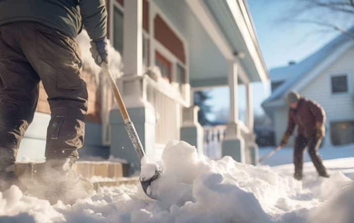 Man shoveling snow in front of home.