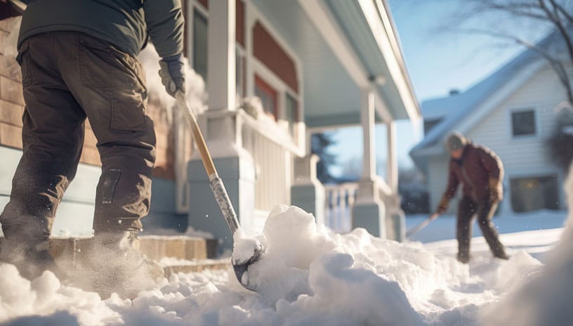 Man shoveling snow in front of home.