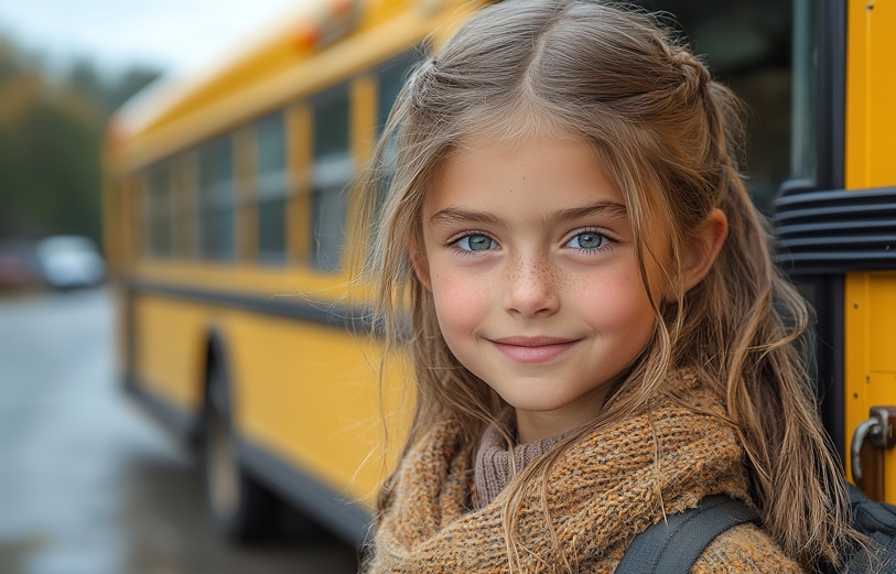 Young happy smiling girl getting on school bus